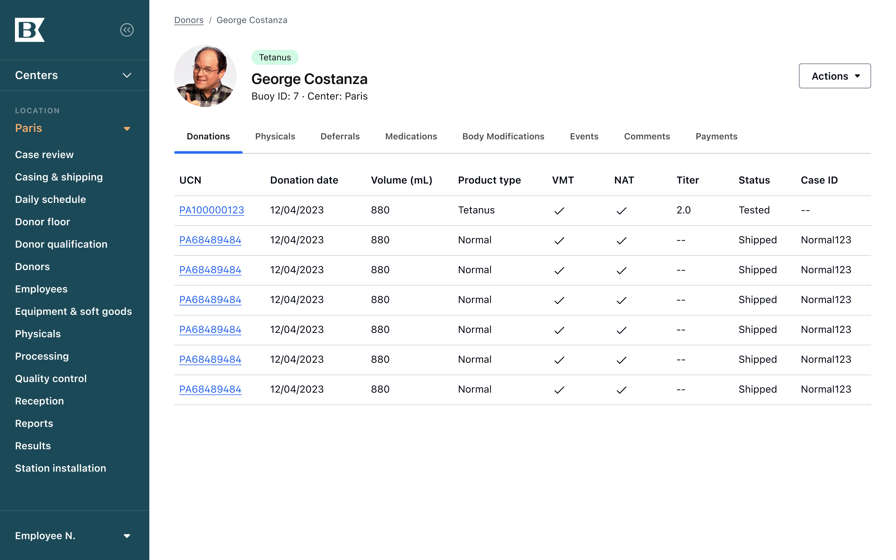 Plasma donation management configuration screens